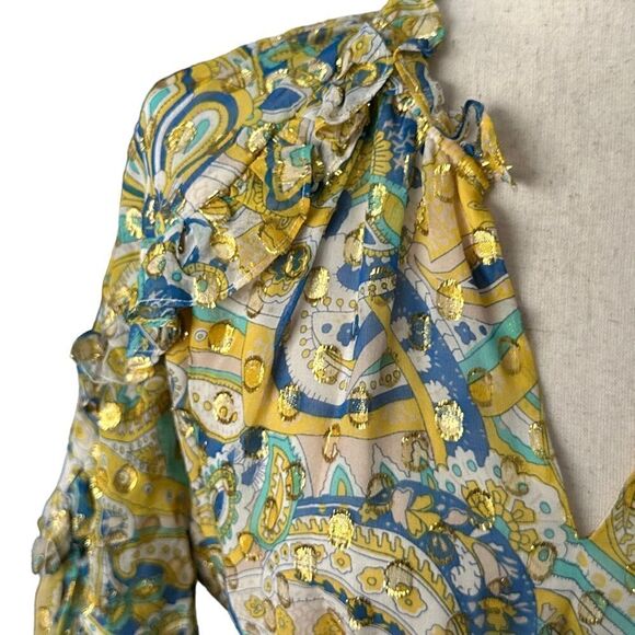 Shoshanna Giada Metallic Dot Floral Silk  Dress | Size 6 - Picture 5 of 12